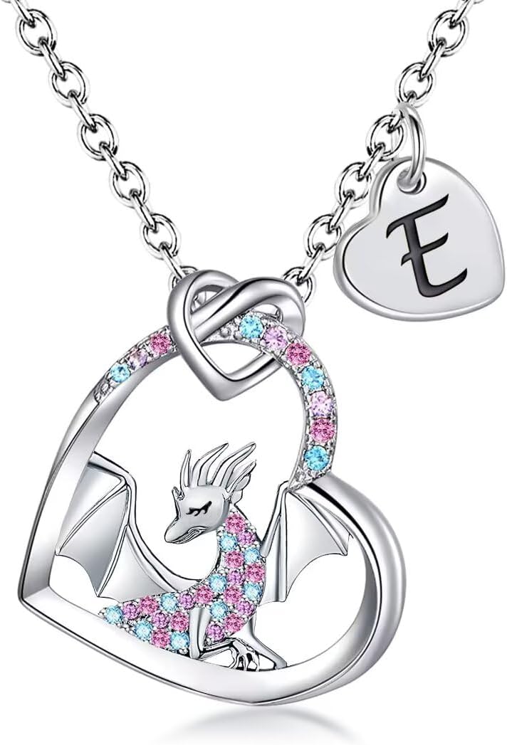 BAOWING Store Dragon Necklace Gifts for Kids Girls Rainbow Dinosaur Animal Pendant Colorful CZ Heart Letter Initial Jewelry Gifts for Daughter Granddaughter Niece Little Teen Girl - Image 1